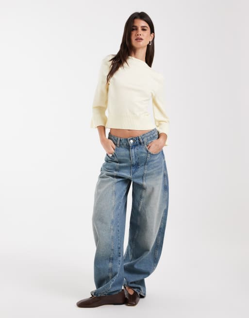 ASOS DESIGN striktrøje med flared ærmer og sløjfe i ryggen i smørgul, 3 af 4