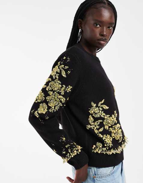 ASOS DESIGN striktrøje med perle- og perleudsmykning i sort - view 1