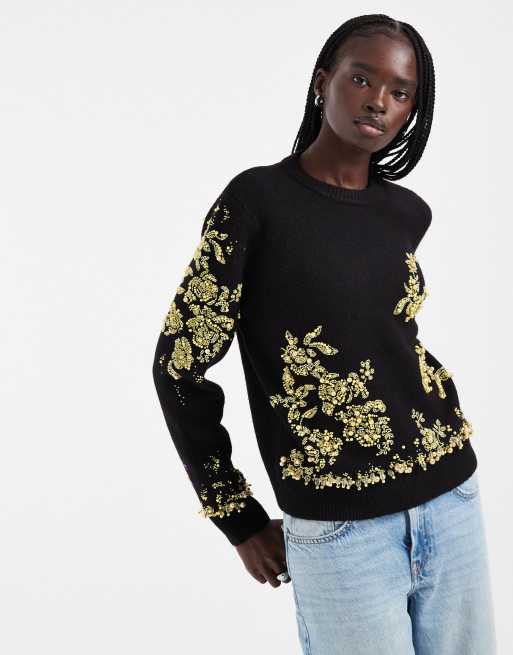 ASOS DESIGN striktrøje med perle- og perleudsmykning i sort, 3 af 4