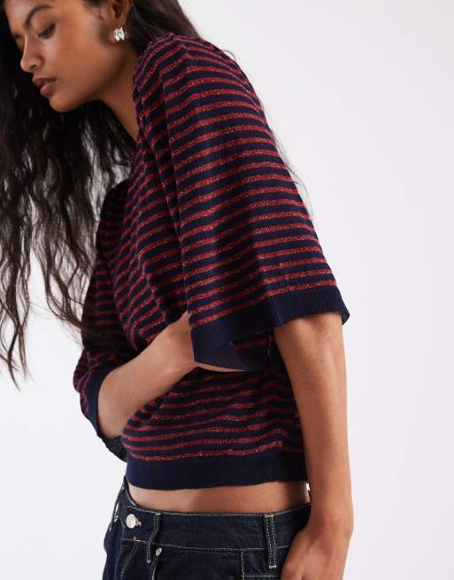 ASOS DESIGN striktrøje med skulderpude-detalje i rød og navy stribe, 3 af 4