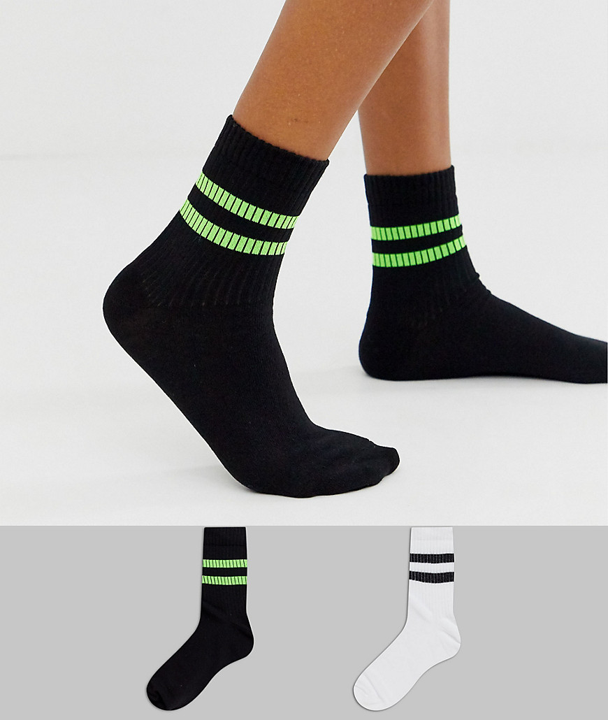 ASOS DESIGN stripe 2 pack ankles sock in black neon and white-Multi