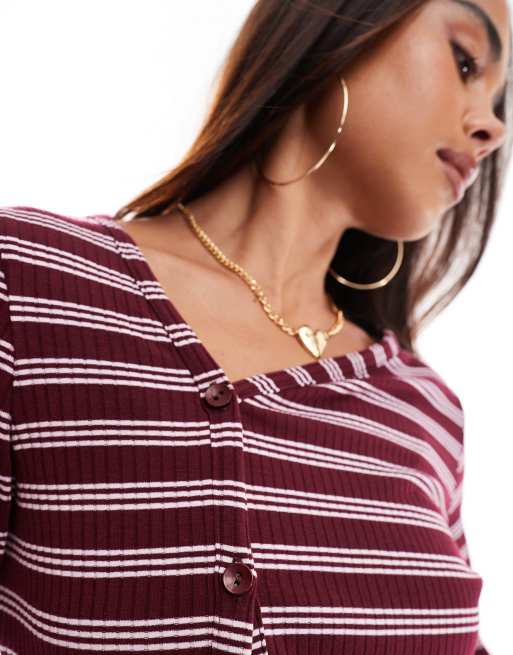 ASOS DESIGN stripe asymmetric button through top in burgundy