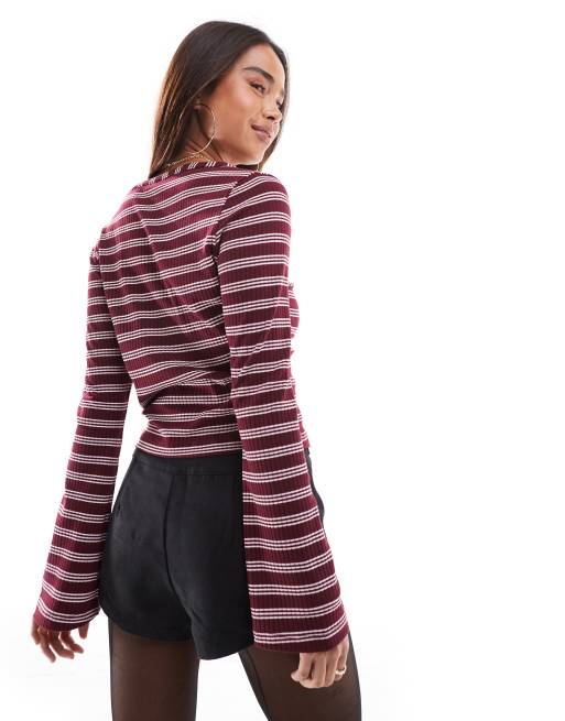 ASOS DESIGN stripe asymmetric button through top in burgundy