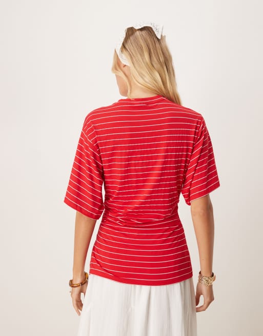 ASOS DESIGN stripe asymmetric cinched side tee in red, 3 of 4