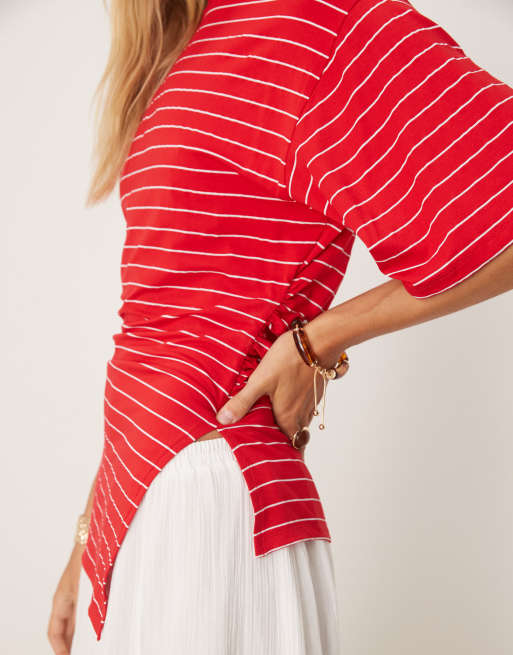 ASOS DESIGN stripe asymmetric cinched side tee in red