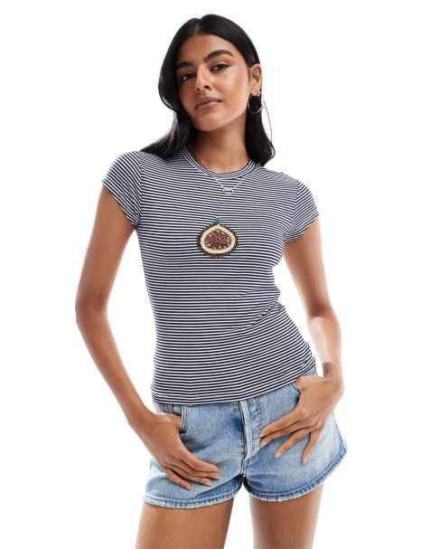 ASOS DESIGN stripe baby tee with beaded fig graphic in navy - view 1