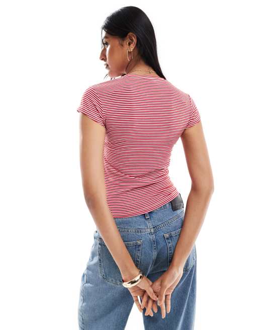 ASOS DESIGN stripe baby tee with beaded olive branch graphic in red