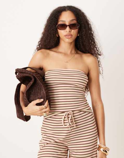 ASOS DESIGN stripe bandeau co ord in cream - view 1