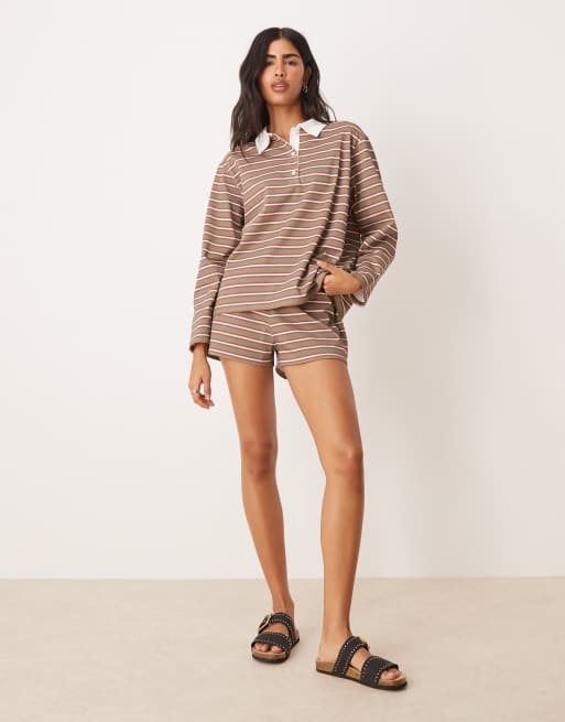 ASOS DESIGN stripe boxy rugby polo top in olive - part of a set