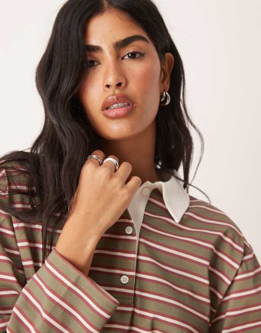 ASOS DESIGN stripe boxy rugby polo top in olive - part of a set