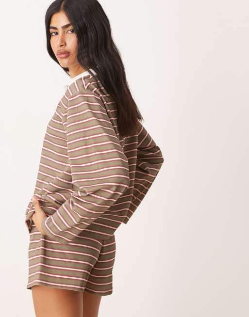 ASOS DESIGN stripe boxy rugby polo top in olive - part of a set