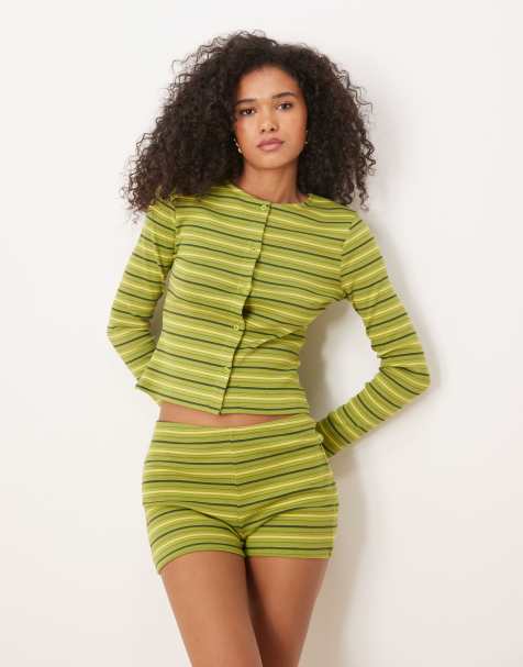ASOS DESIGN stripe button through long sleeve co ord in green - view 1