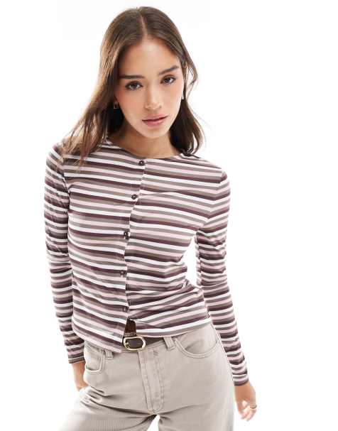 ASOS DESIGN stripe button through micro cardigan in chocolate - view 1