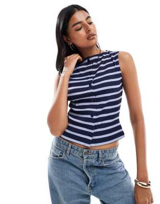 ASOS DESIGN stripe button through sleeveless  top in navy - view 1