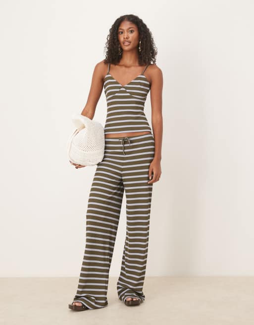 ASOS DESIGN stripe cami top co ord in olive, 4 of 4