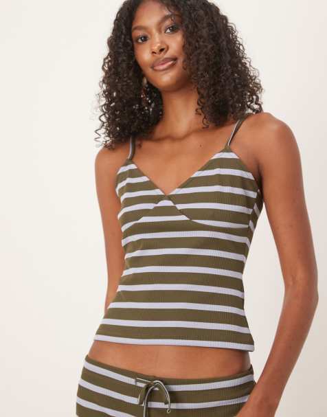 ASOS DESIGN stripe cami top in olive - part of a set - view 1