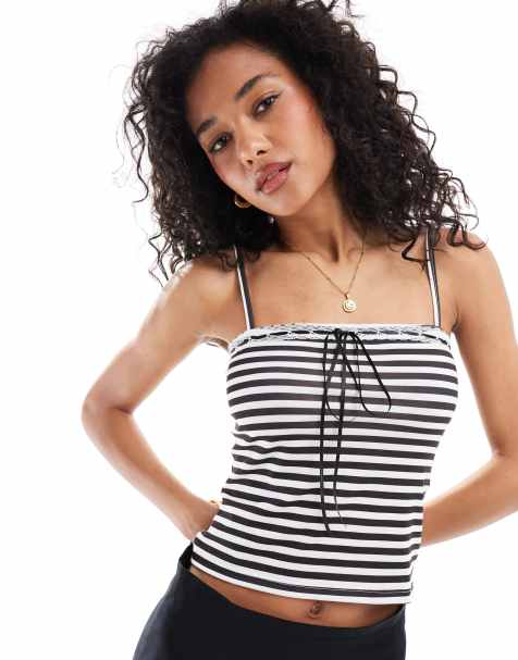 ASOS DESIGN stripe cami top with ribbon trim in black - view 1
