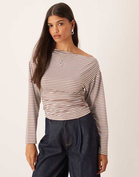 ASOS DESIGN stripe cinched asymmetric long sleeve top in brown - view 1