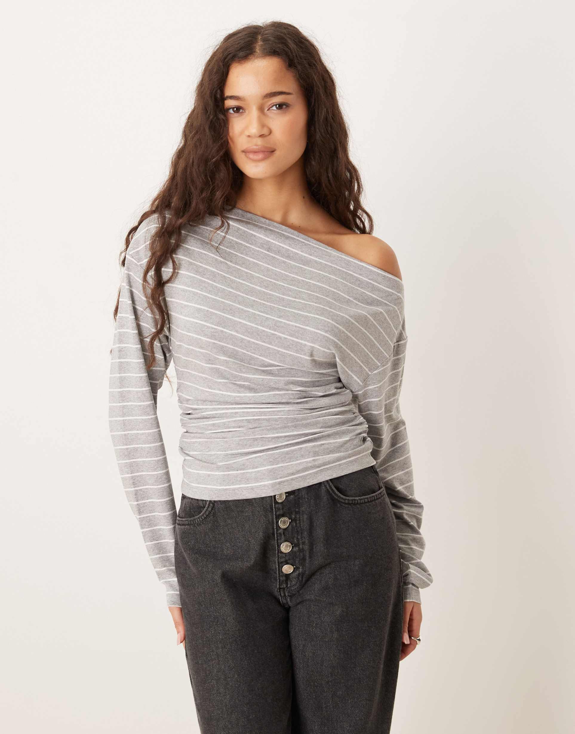 asos design stripe cinched asymmetric long sleeve top in gray