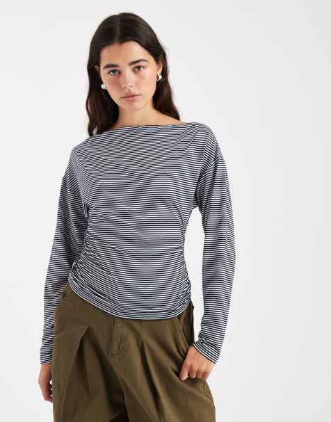 ASOS DESIGN stripe cinched asymmetric long sleeve top in navy and white stripe