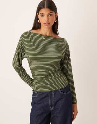 Asos Design Stripe Cinched Asymmetric Long Sleeve Top In Green