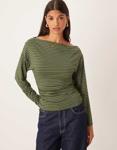 ASOS DESIGN stripe cinched asymmetric long sleeve top in olive - view 1