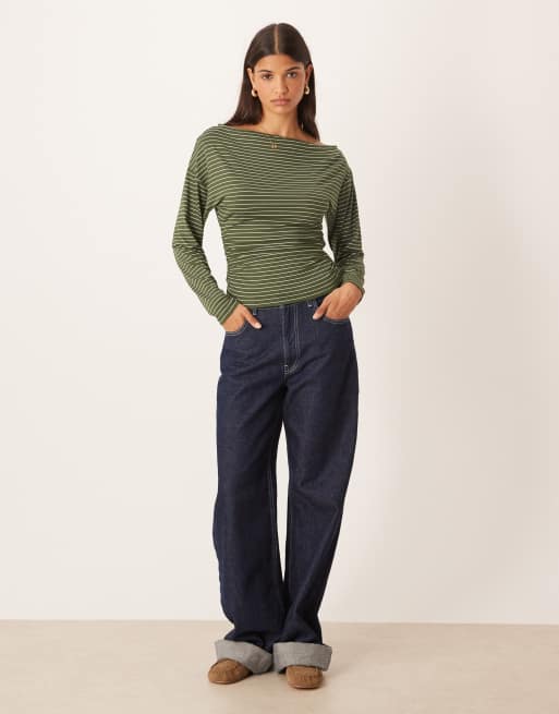 ASOS DESIGN stripe cinched asymmetric long sleeve top in olive