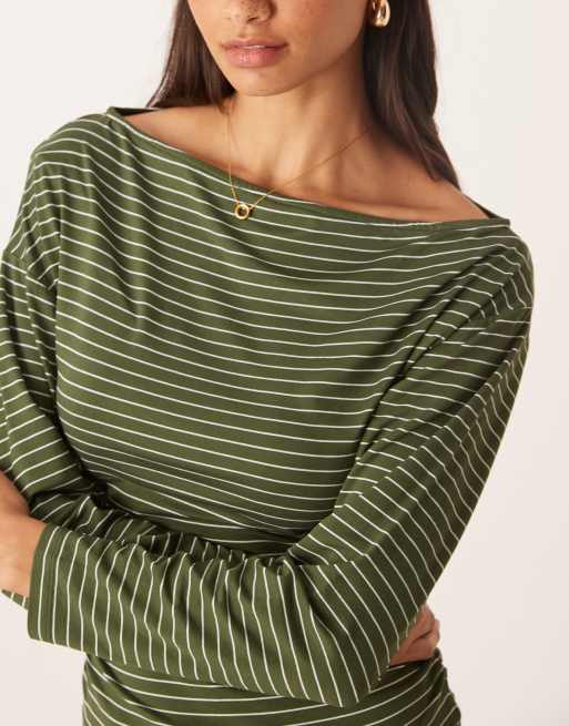 ASOS DESIGN stripe cinched asymmetric long sleeve top in olive