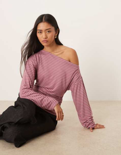 ASOS DESIGN stripe cinched asymmetric long sleeve top in plum - view 1