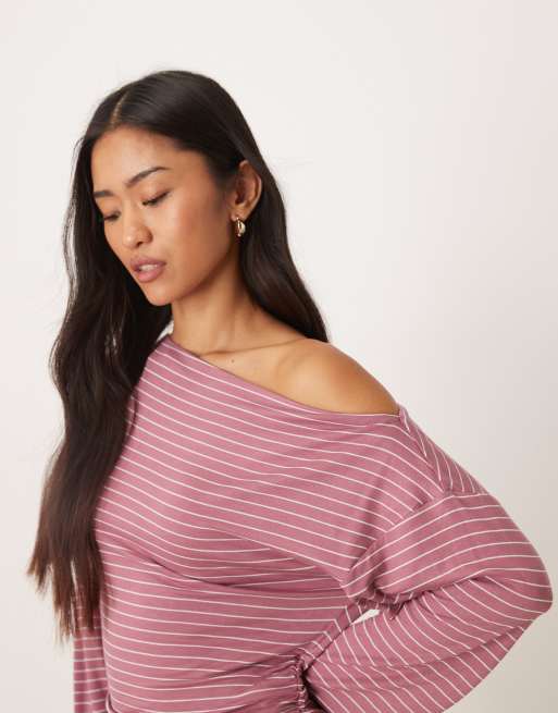 ASOS DESIGN cinched asymmetric long sleeve top in plum stripes