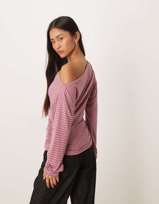 ASOS DESIGN cinched asymmetric long sleeve top in plum stripes