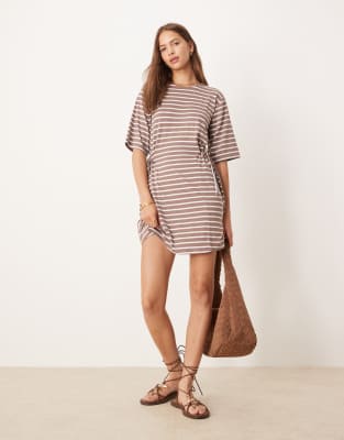 ASOS DESIGN stripe cinched mini dress with tie side in brown - view 1
