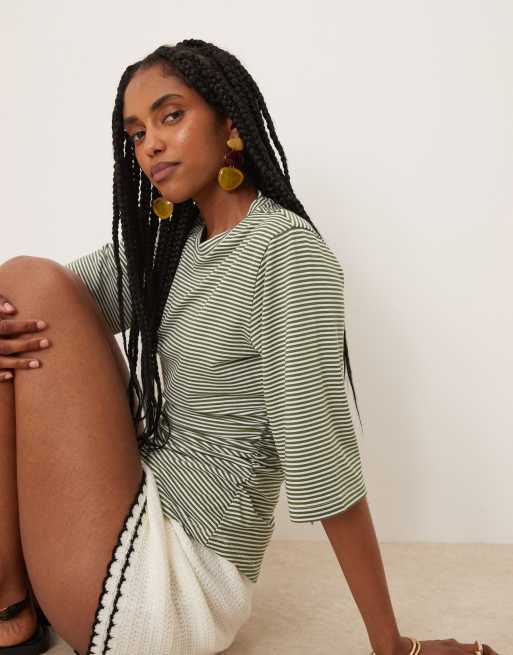 ASOS DESIGN stripe cinched t shirt in green, 2 of 4
