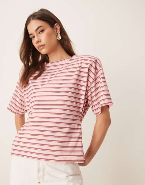 ASOS DESIGN stripe cinched t shirt with shoulder pads in pink - view 1