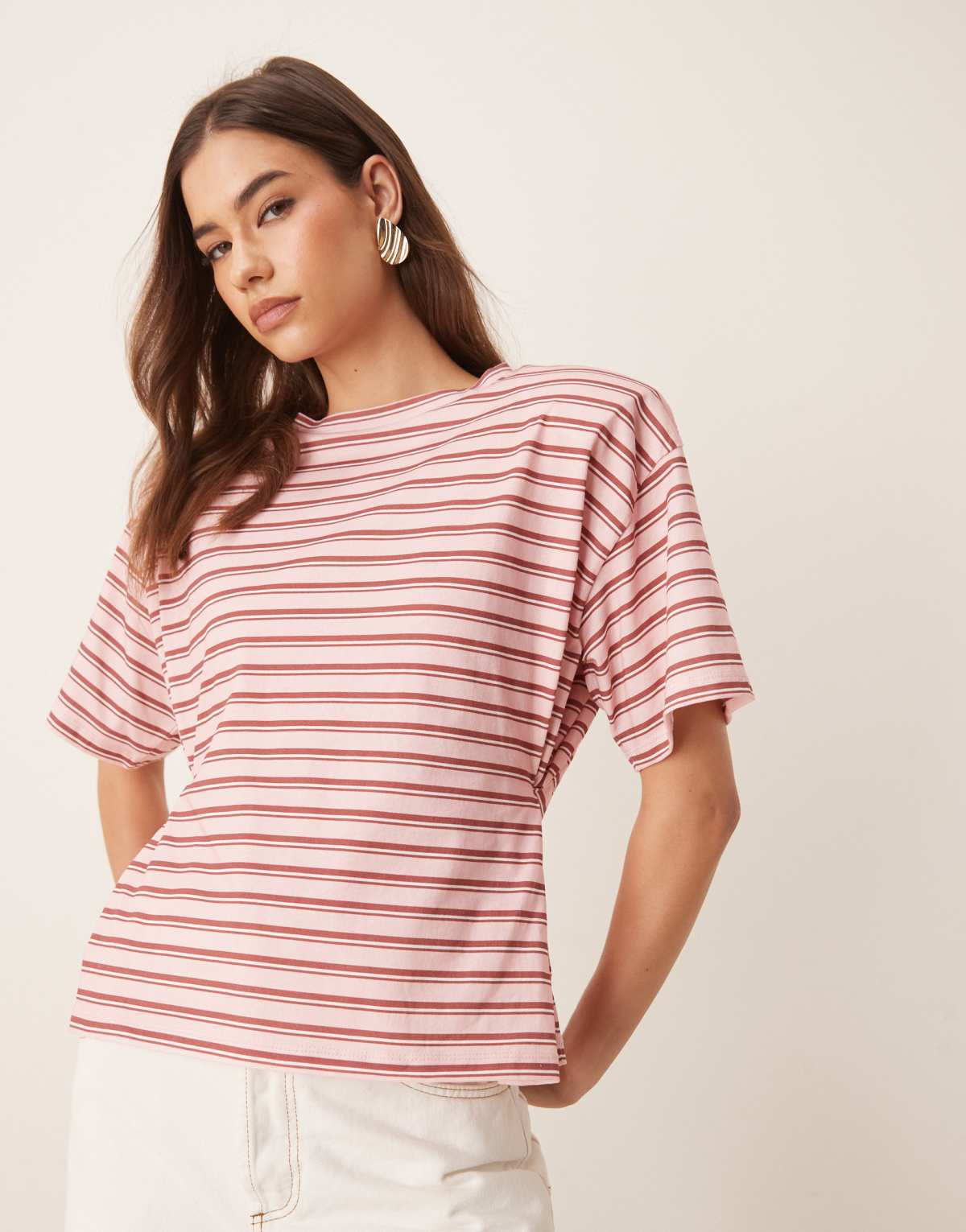 ASOS DESIGN stripe cinched t shirt with shoulder pads in pink