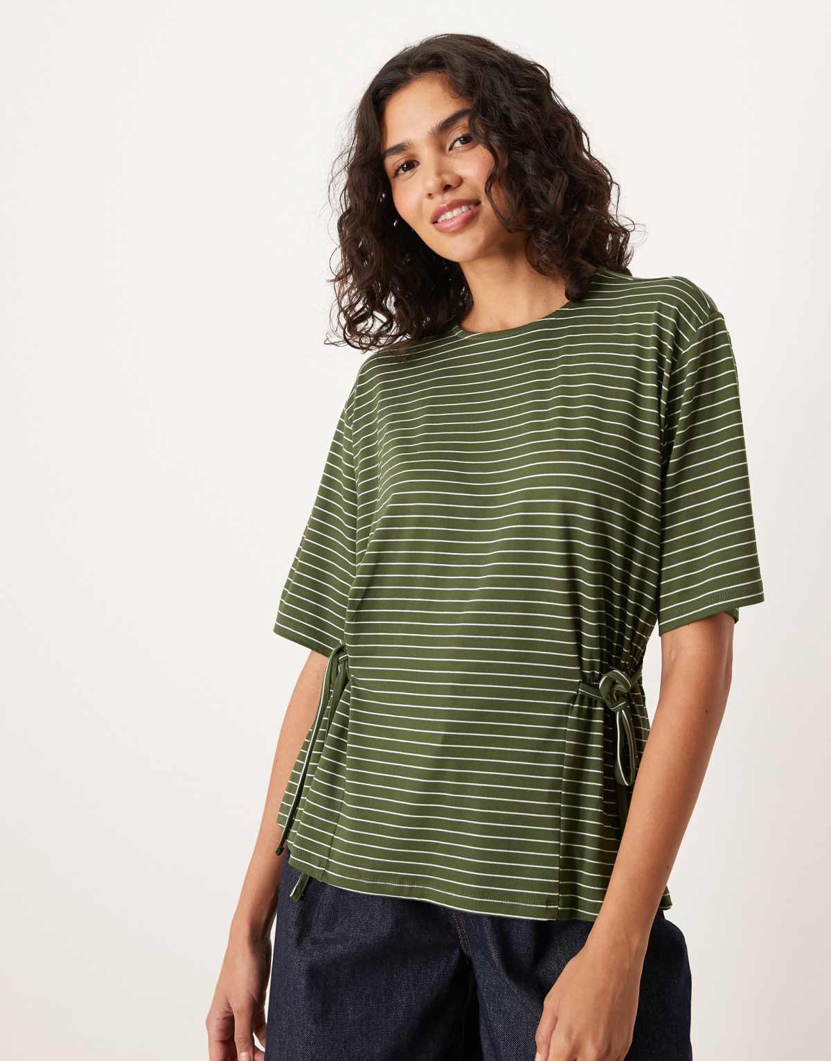 ASOS DESIGN stripe cinched tie side tee in green