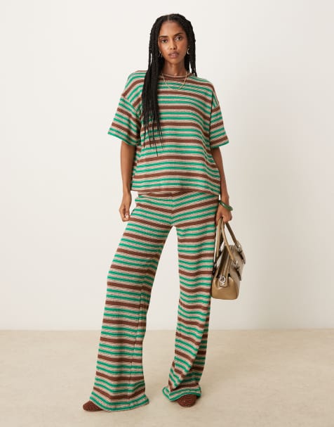 ASOS DESIGN stripe co-ord in green and brown stripe - MULTI - view 1