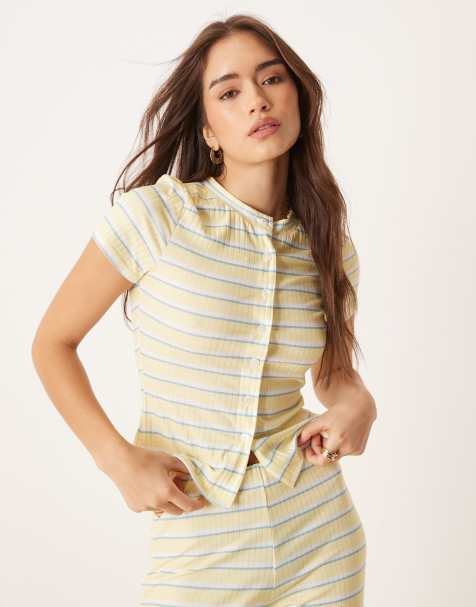 ASOS DESIGN stripe co-ord short sleeve cardigan in yellow stripe