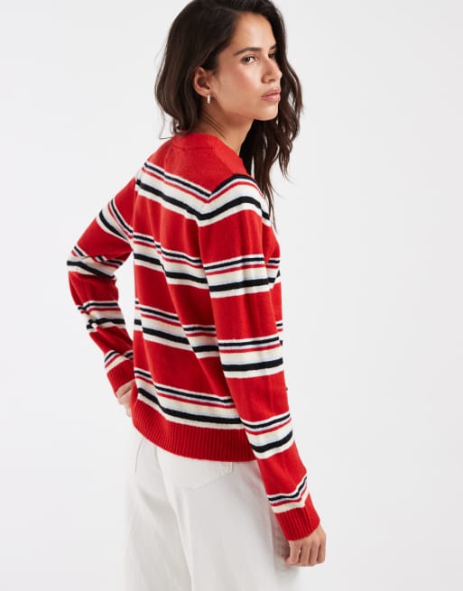 ASOS DESIGN stripe crew neck jumper in red, 2 of 4