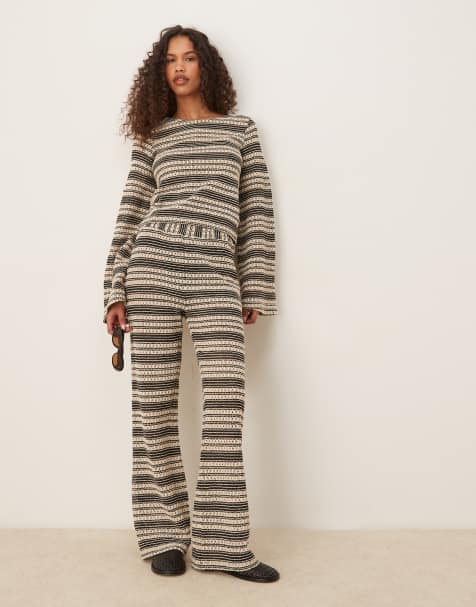 ASOS DESIGN stripe crochet stitch open tie back long sleeve top and flared pants set in mono - view 1