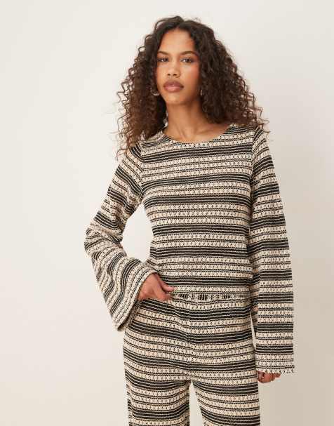 ASOS DESIGN stripe crochet stitch open tie back long sleeve top in mono (part of a set) - view 1