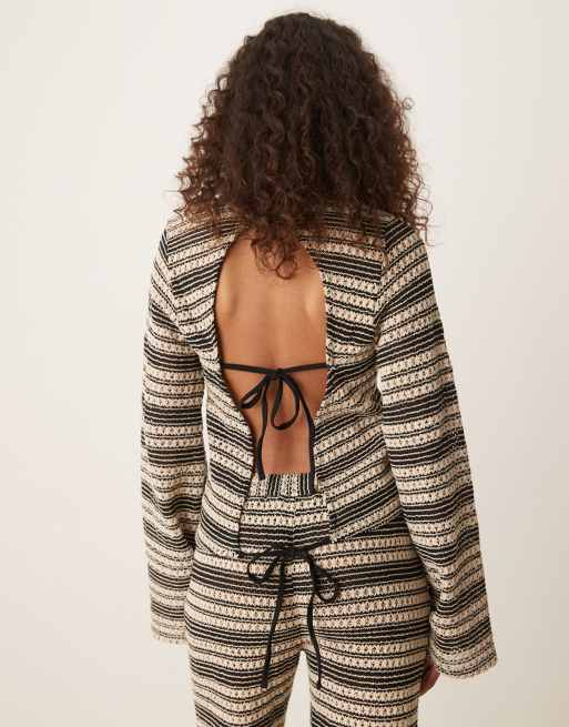 ASOS DESIGN stripe crochet stitch open tie back long sleeve top in mono (part of a set), 2 of 4