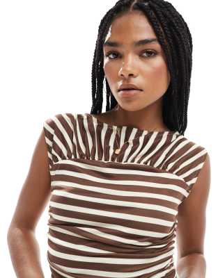 Asos Design Stripe Cut About Ruched Cinched Top In Yellow