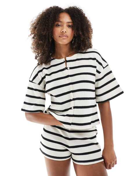 ASOS DESIGN stripe cut and sew boxy oversized co ord shirt in ivory