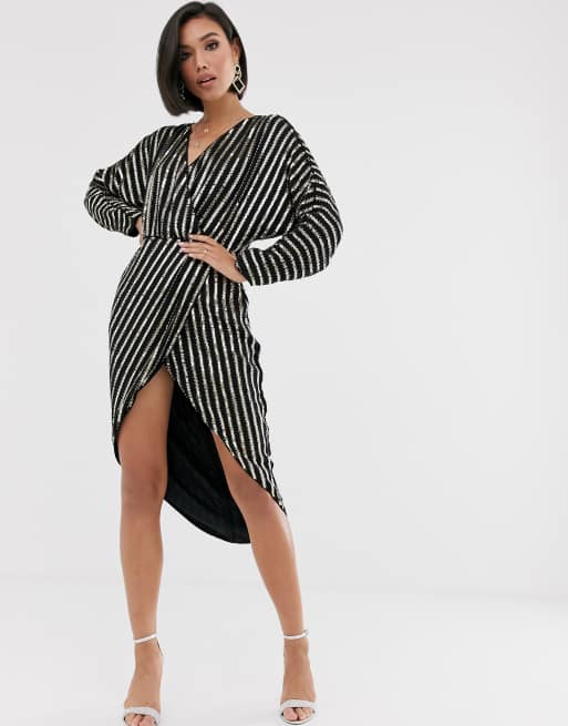 ASOS DESIGN stripe embellished midi dress with batwing sleeve | ASOS