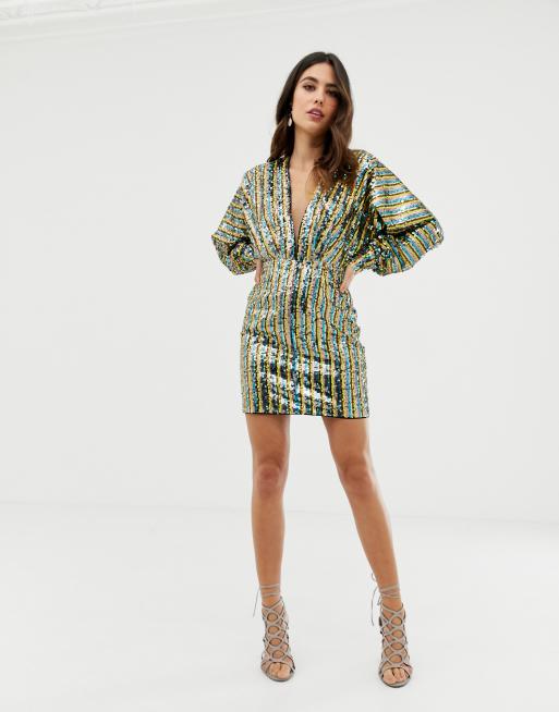 ASOS DESIGN stripe embellished sequin batwing kimono mini dress | ASOS