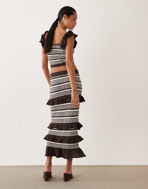 ASOS DESIGN stripe frill maxi skirt co-ord in chocolate and white, 5 of 5