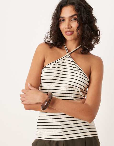 ASOS DESIGN stripe halter top co ord in cream - view 1