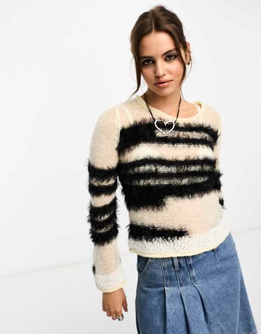 ASOS DESIGN stripe jumper in deconstructed fluffy yarn in cream