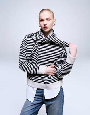 Asos Design Stripe Knit Sweater With Scarf In Multi
